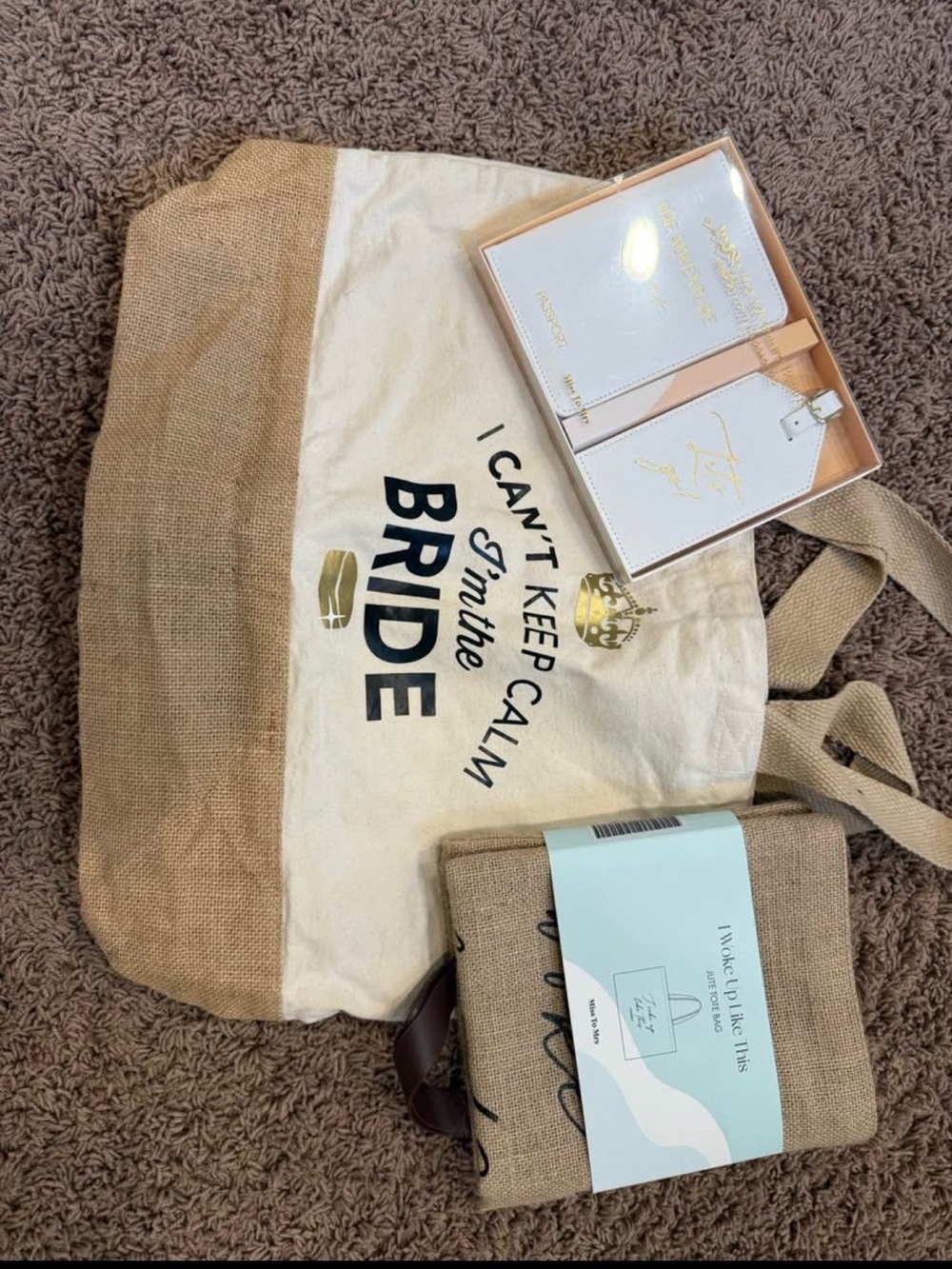 Two Bride Tote Bags in Natural Canvas and Travel Luggage Tag/Passport Holder